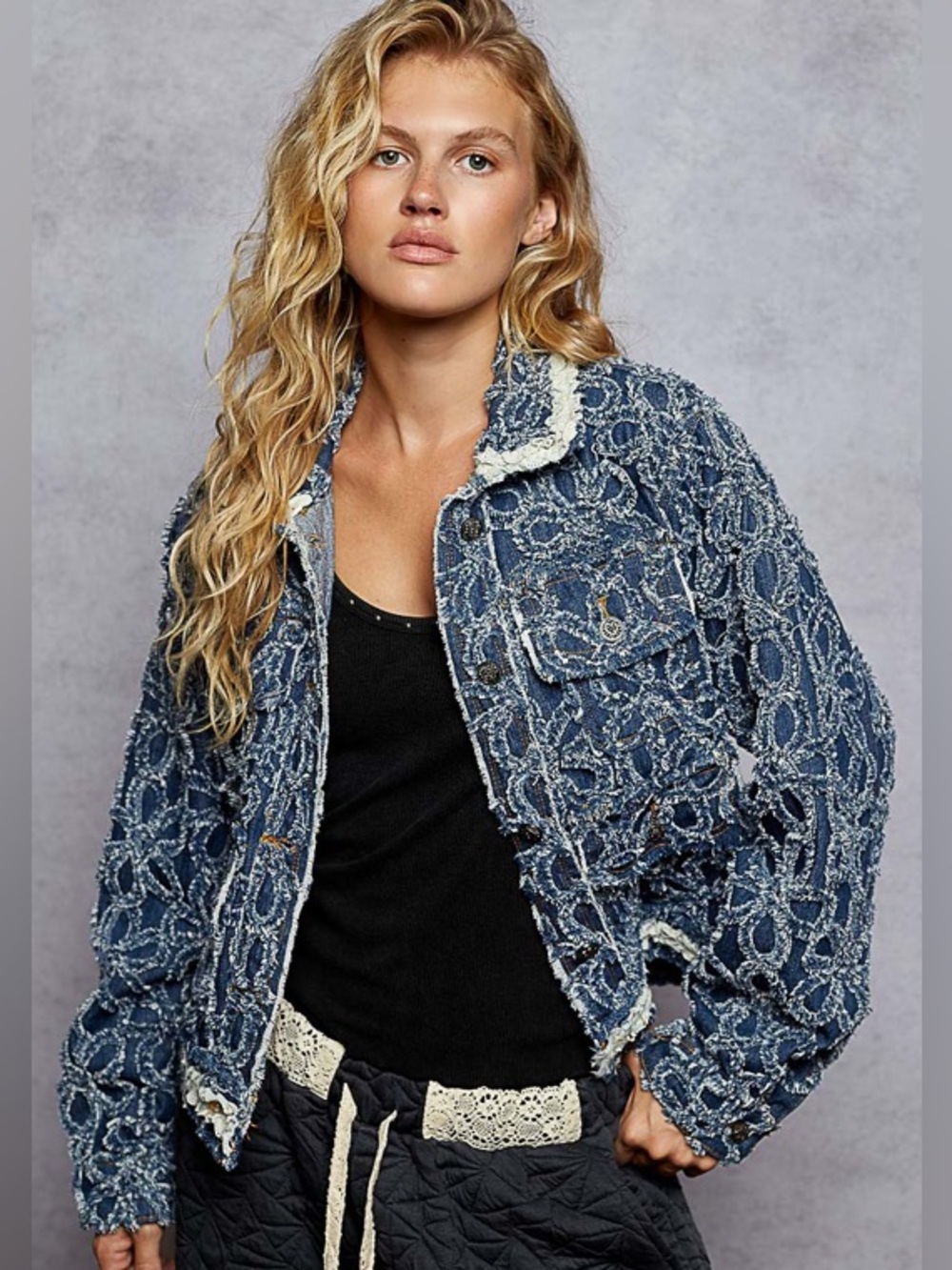 New Pol Floral Textured Denim Jacket Dark Blue Boho Cotton Size Medium